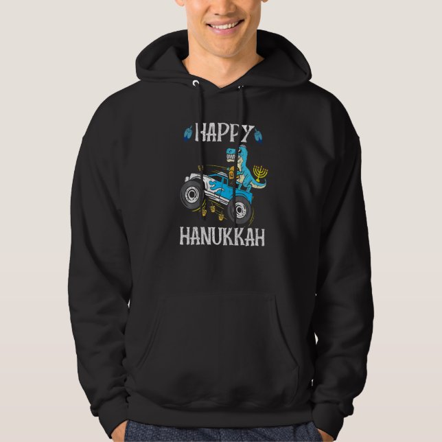Monster Truck Menorah Dreidel Happy Hanukkah Dinos Hoodie (Front)