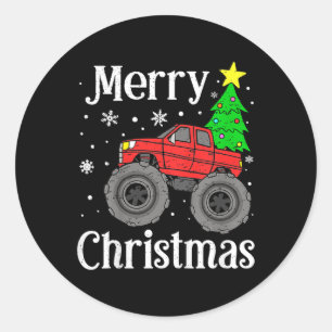 Monster Truck Merry Christmas Tree Kids Boys Classic Round Sticker