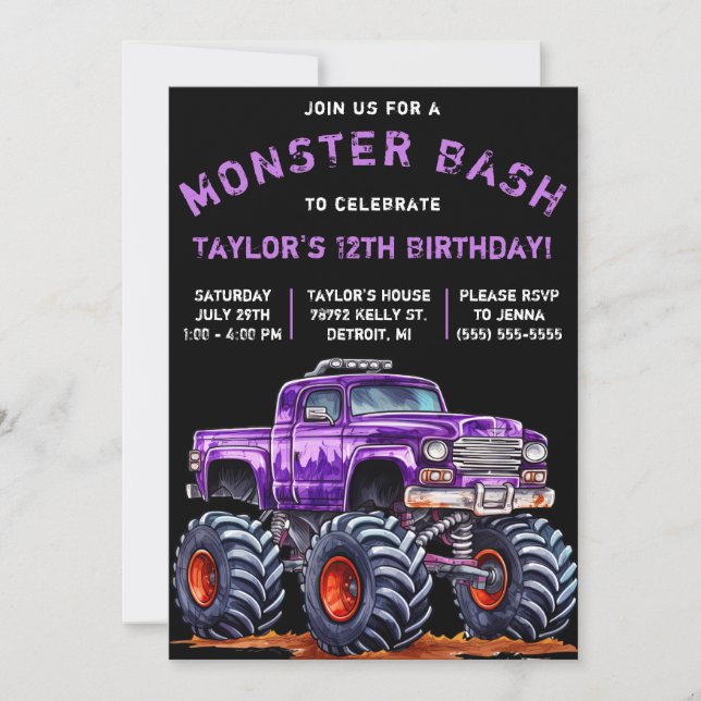 Monster Truck, Monster Bash Birthday Party Invitation (Front)