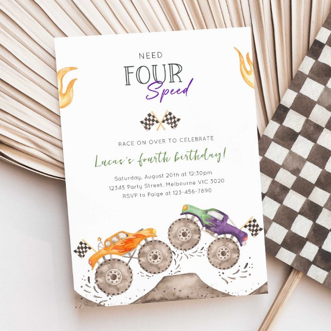 Monster Truck Need Four Speed 4th B'day Invitation (Creator Uploaded)