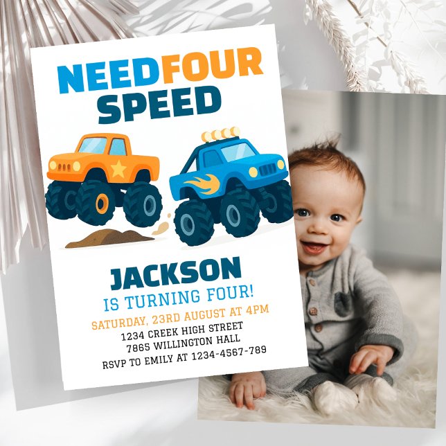 Monster Truck Need Four Speed Birthday Photo Invitation (Creator Uploaded)