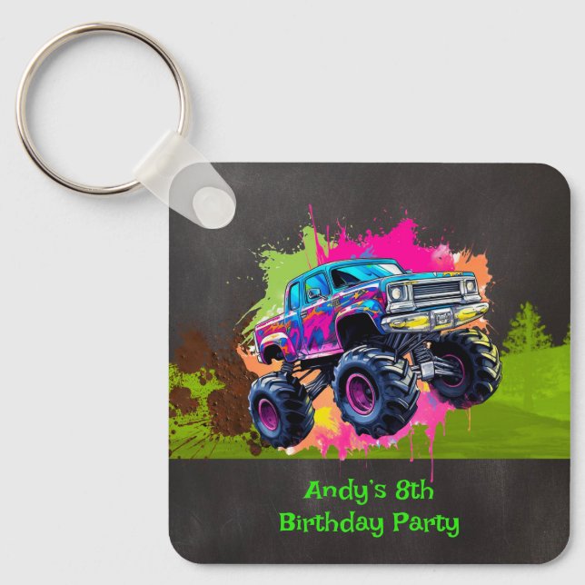Monster Truck Neon Boy Birthday Party  Key Ring (Front)