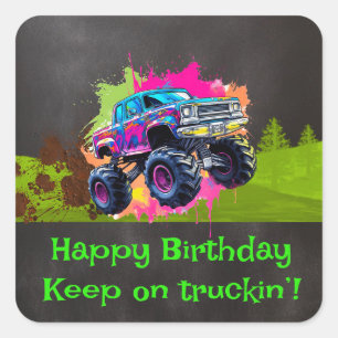 Monster Truck Neon Boy Birthday Party Square Sticker
