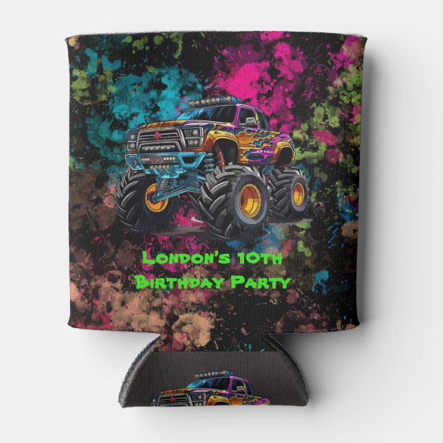 Monster Truck Neon Boy Birthday Party Thank You Can Cooler (Front)