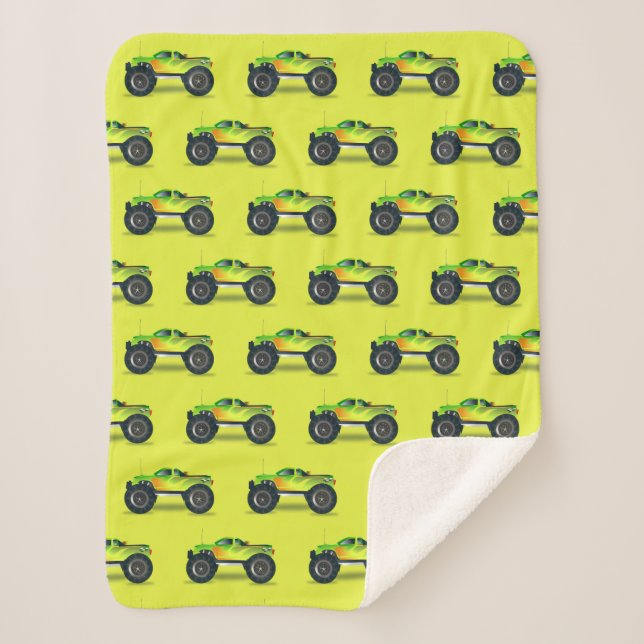 Monster truck on lime green sherpa blanket (Front)