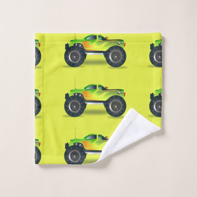 Monster truck on lime green wash cloth (Wash Cloth)