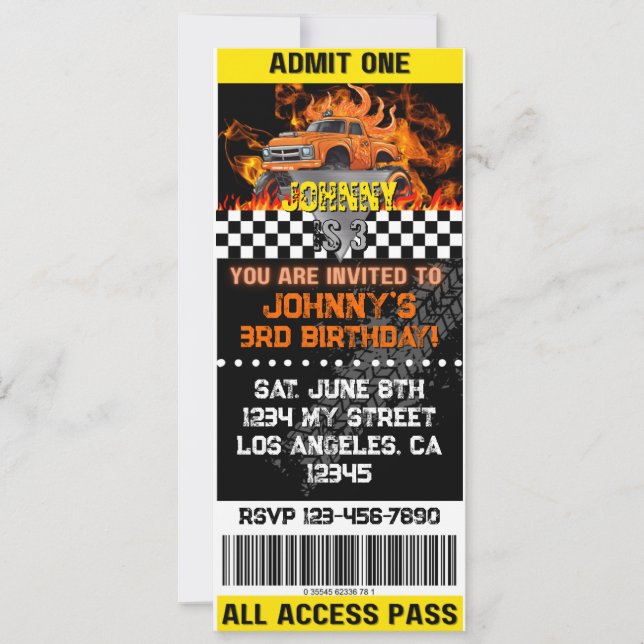 Monster Truck Orange Flames Invite (Front)
