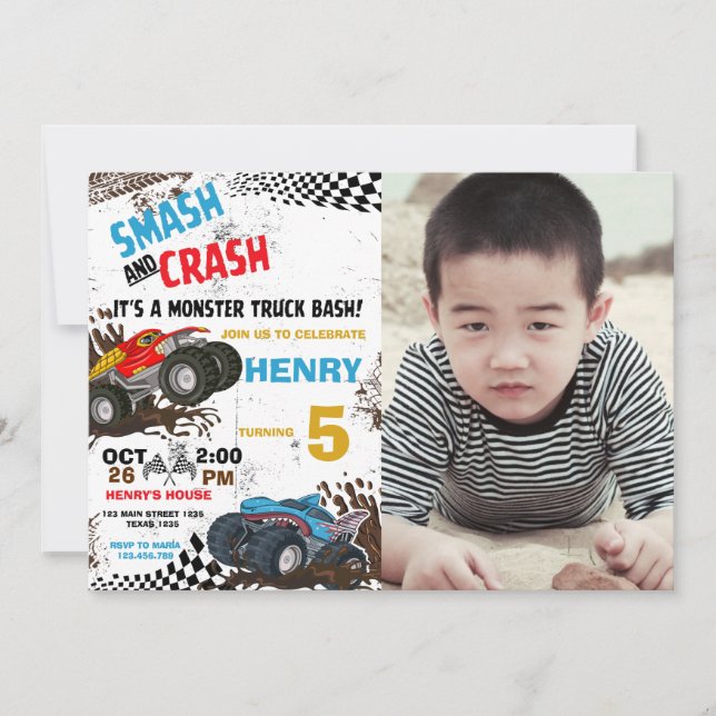 Monster Truck photo Birthday Party Invitation (Front)