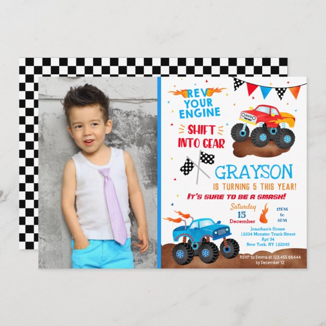 Monster Truck Photo Birthday Party Invitations (Front/Back)
