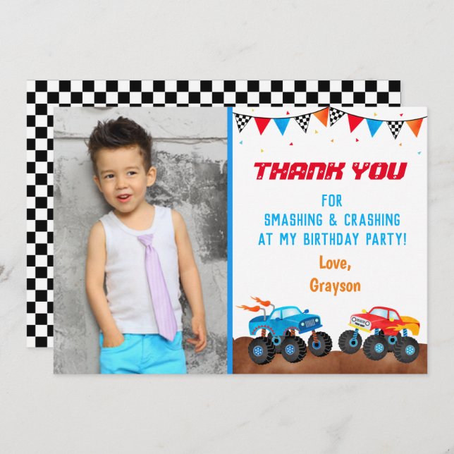 Monster Truck Photo Birthday Party Thank You Cards (Front/Back)