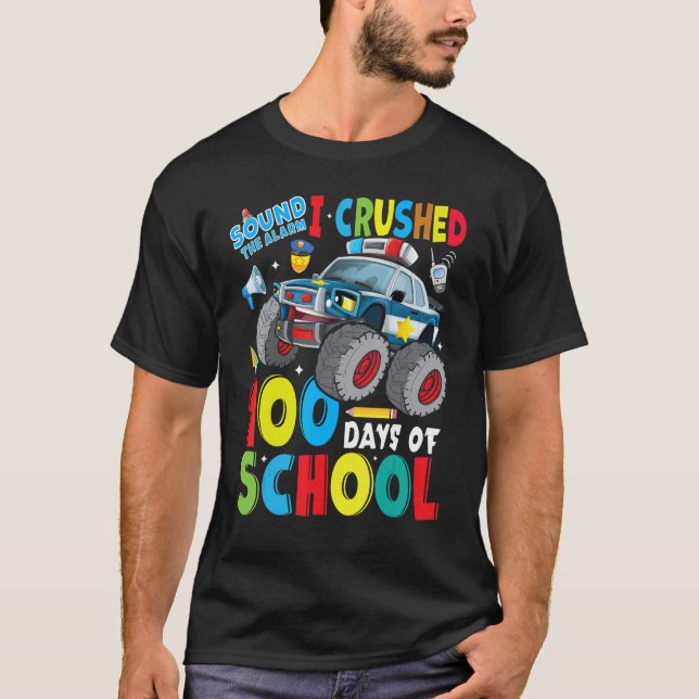 Monster Truck Police Car 100 Days of School Teache T-Shirt (Front)