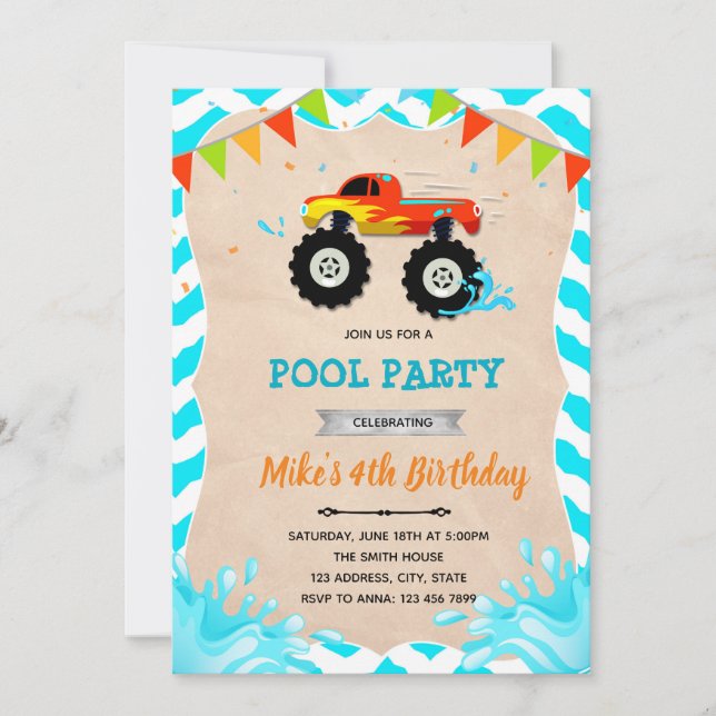 Monster truck pool party invitation (Front)