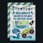 Monster Truck Pool Party Summer Birthday Invitation<br><div class="desc">Announce your Birthday with this personalised Monster Splash Birthday Bash Invitation. The Blue,  Green and Chequered black/white flags and a Monster Truck with flame details along with your personalised details are sure to make a splash.</div>