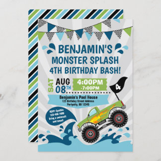 Monster Truck Pool Party Summer Birthday Invitation