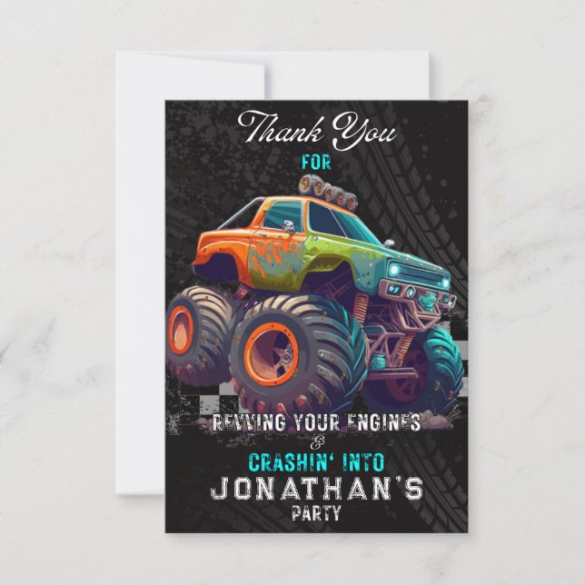 Monster Truck Rally Birthday Party  Thank You Card (Front)