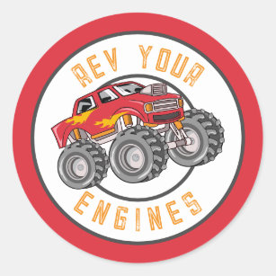 Monster Truck Rev Your Engines Birthday Party Classic Round Sticker