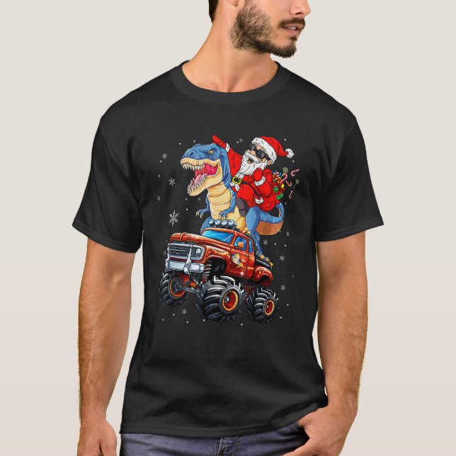 Monster Truck Santa Claus Riding T Rex Dinosaur Ch T-Shirt (Front)