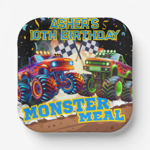 Monster Truck Showdown High-Speed Racing Square Paper Plate