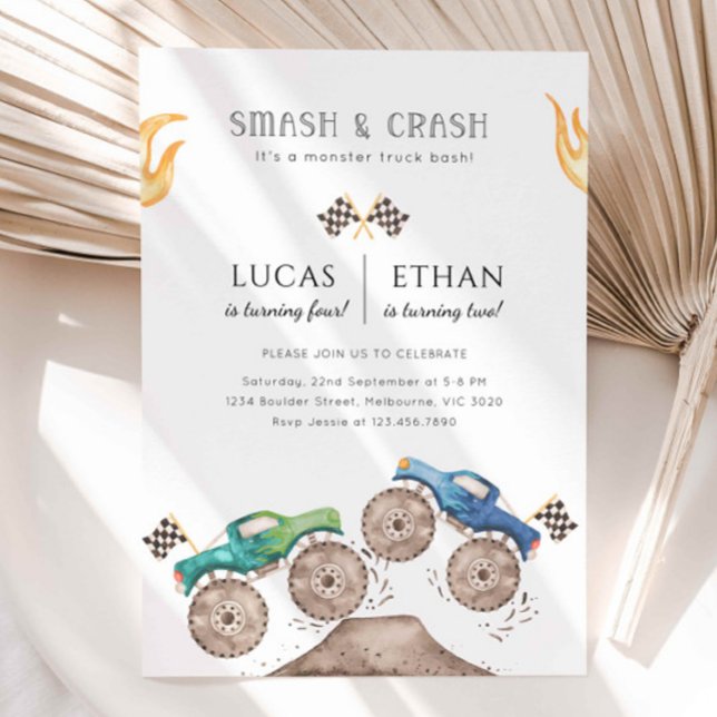 Monster Truck Siblings Joint Birthday Party Invitation (Creator Uploaded)