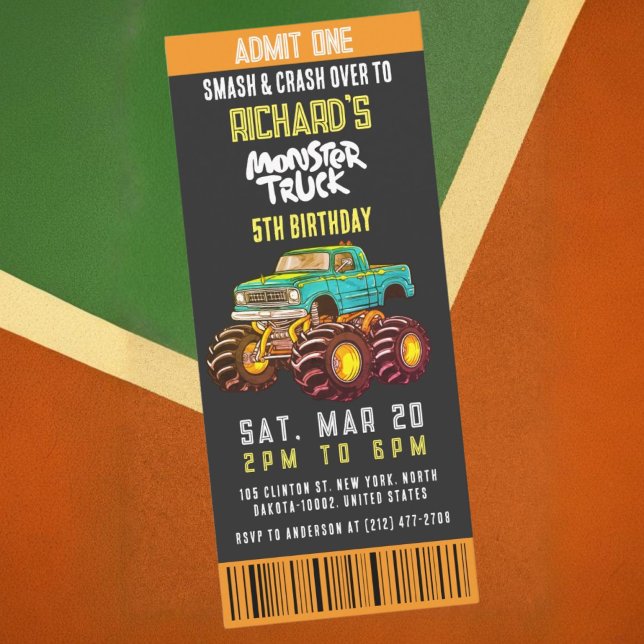Monster Truck Smash and Rev Kids Birthday Party Invitation (Creator Uploaded)