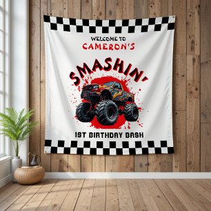 Monster Truck Smash Checkered 1st Birthday Welcome Tapestry