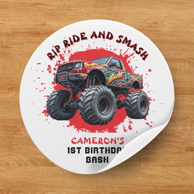 Monster Truck Smash Chequered Flag 1st Birthday Classic Round Sticker (Monster Truck Smash Checkered Flag 1st Birthday Classic Round Sticker
)