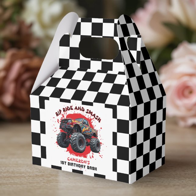 Monster Truck Smash Chequered Flag 1st Birthday Favour Box (Monster Truck Smash Checkered Flag 1st Birthday Favor Boxes
)