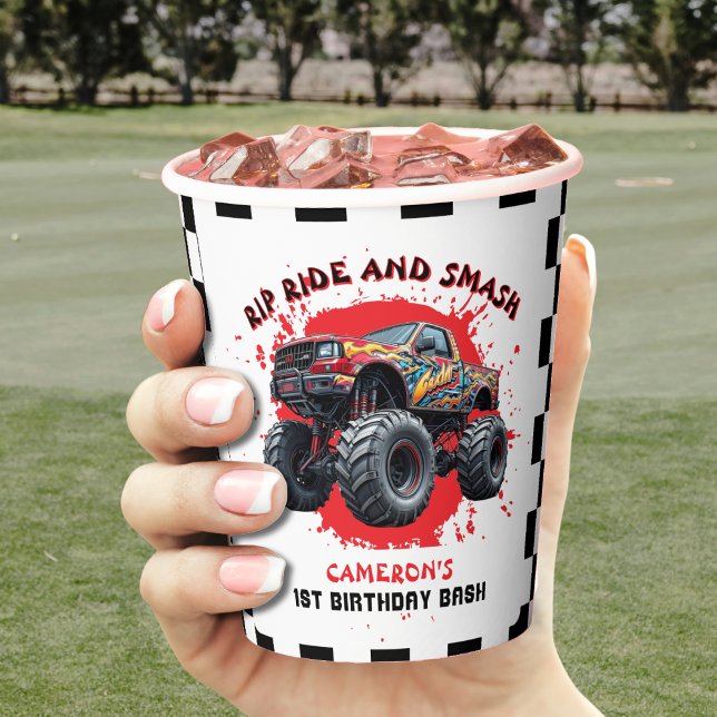 Monster Truck Smash Chequered Flag 1st Birthday Paper Cups (Monster Truck Smash Checkered Flag 1st Birthday Paper Cups
)