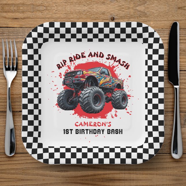 Monster Truck Smash Chequered Flag 1st Birthday Paper Plate (Monster Truck Smash Checkered Flag 1st Birthday Paper Plates
)