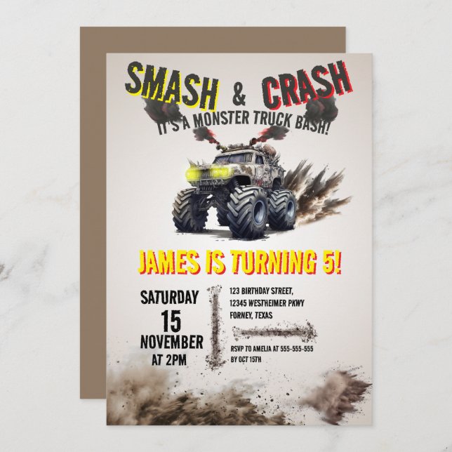 Monster Truck SMASH & CRASH Bash Birthday Party Invitation (Front/Back)