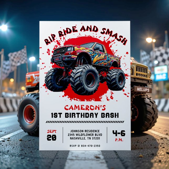 Monster Truck Smash Red 1st Birthday Party Invitation (Monster Truck Smash Red 1st Birthday Party Invitation
)