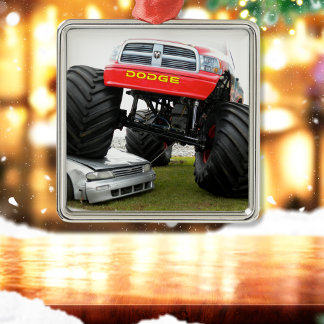 Monster Truck Smashing Car Metal Ornament