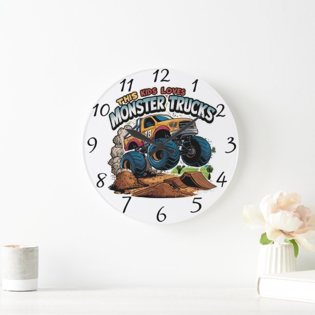 Monster Truck Soaring Over Dirt Pile Large Clock (Home)