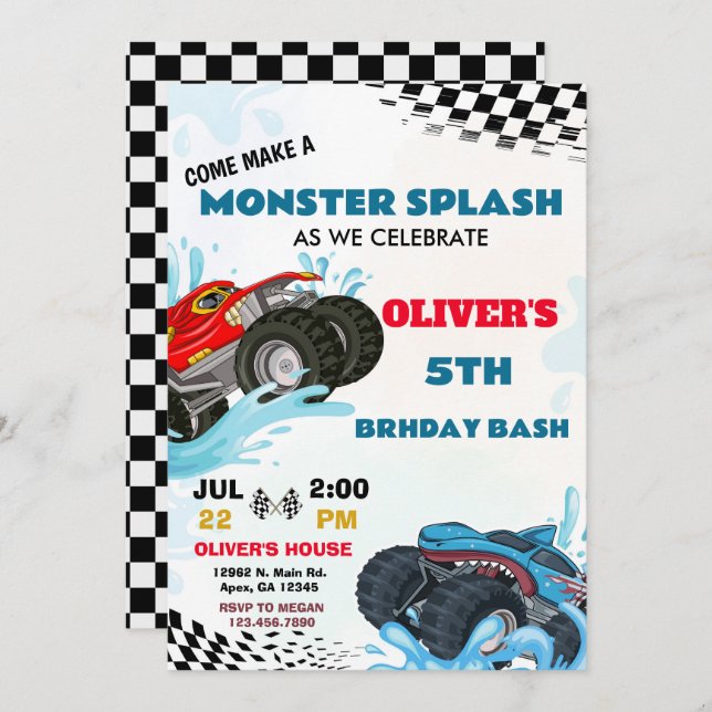 Monster Truck Splash Birthday Bash Party  Invitation (Front/Back)