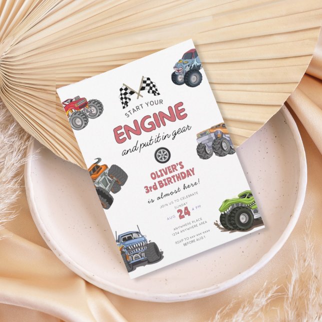 Monster truck, start your engine boy 3rd birthday invitation (Creator Uploaded)