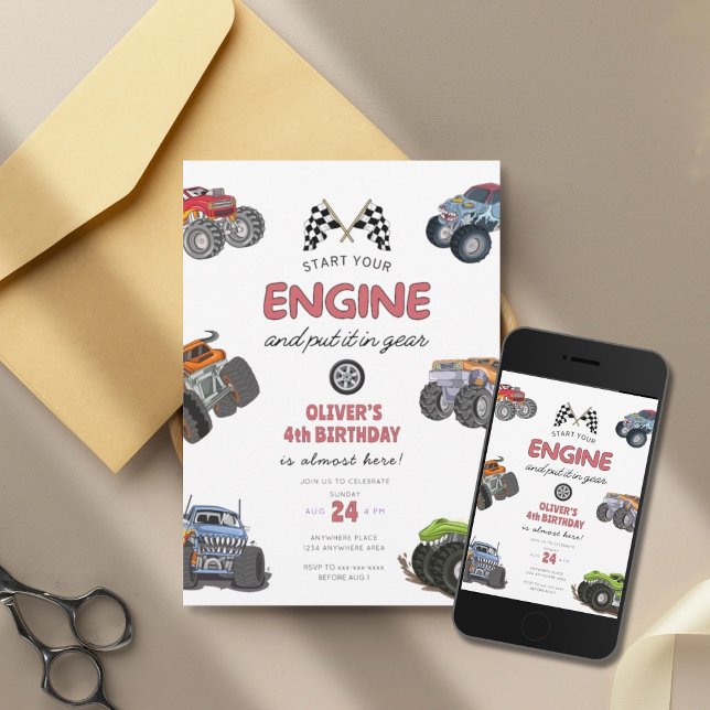 Monster truck, start your engine boy 4th birthday invitation (Creator Uploaded)