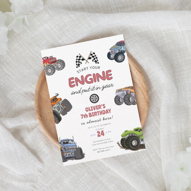 Monster truck, start your engine boy 7th birthday invitation (Creator Uploaded)
