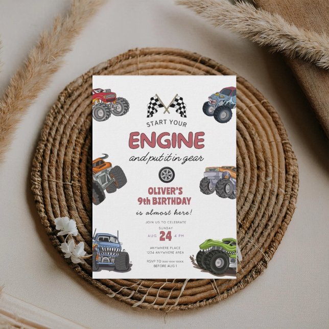 Monster truck, start your engine boy 9th birthday invitation (Creator Uploaded)
