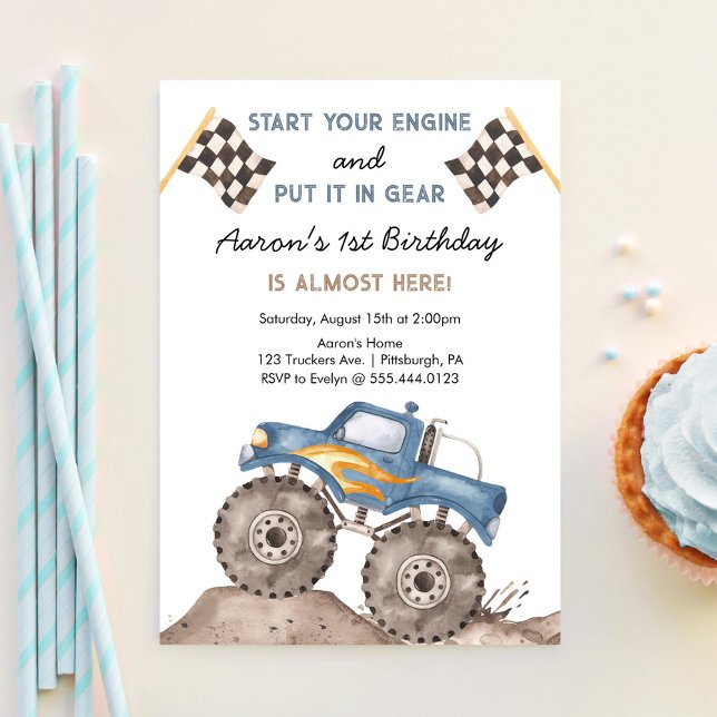Monster Truck, Start Your Engine Boys 1st Birthday Invitation (Creator Uploaded)