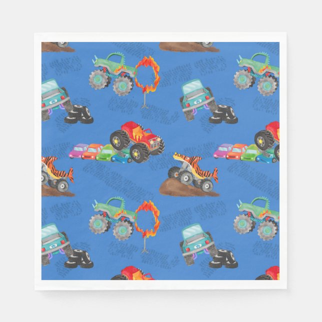Monster Truck Stunts Watercolor Pattern Blue Napkin (Front)