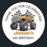 Monster Truck Thank You Birthday Party  Classic Round Sticker<br><div class="desc">Rev up the excitement with this Monster Truck Boys Thank You Birthday Celebration Classic Round Sticker! Perfect for adding a fun, personalised touch to favour bags, party décor, or thank you cards after an action-packed birthday bash. Featuring bold colours and a cool truck design, this sticker is ideal for little...</div>