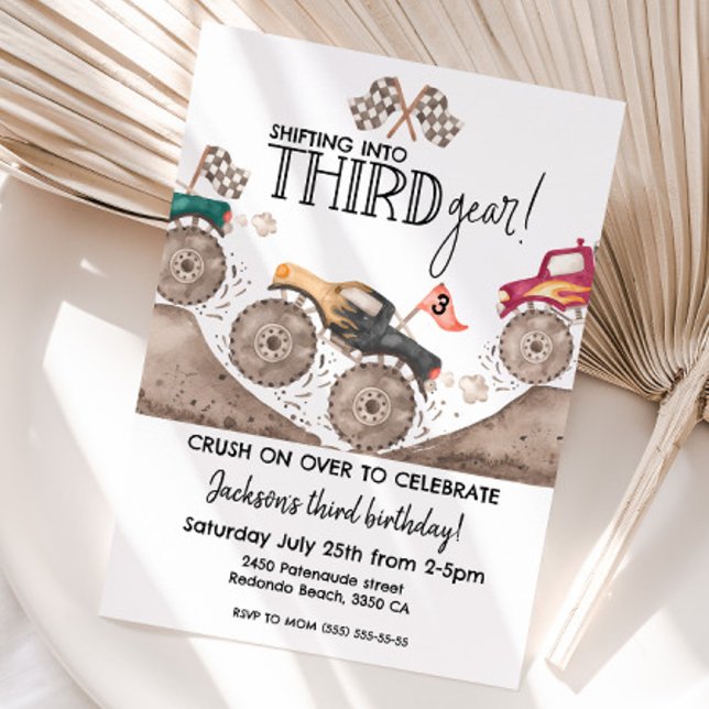 Monster Truck THIRD Gear 3rd birthday kids Invitation (Monster truck third gear birthday invitation)
