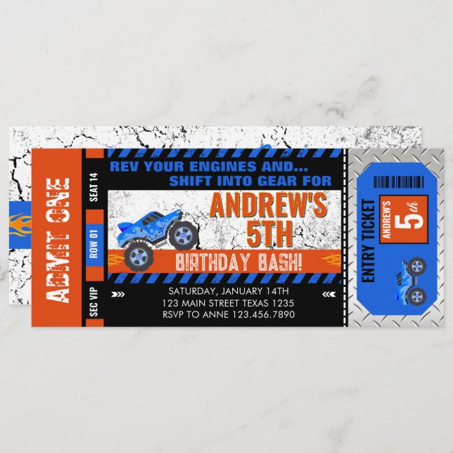 Monster Truck Ticket Birthday  Invitation (Front/Back)