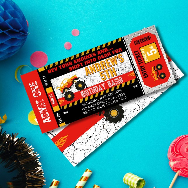 Monster Truck Ticket Birthday  Invitation (bold red and yellow colors and a grunge-style background, this editable birthday invite is perfect f)