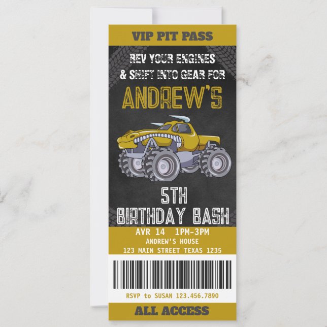Monster Truck Ticket Birthday Party Invitation  (Front)