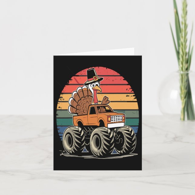 Monster Truck Turkey Sunset Retro Thanksgiving Boy Card (Front)