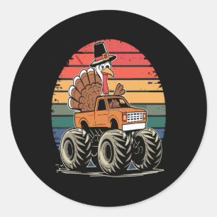 Monster Truck Turkey Sunset Retro Thanksgiving Boy Classic Round Sticker