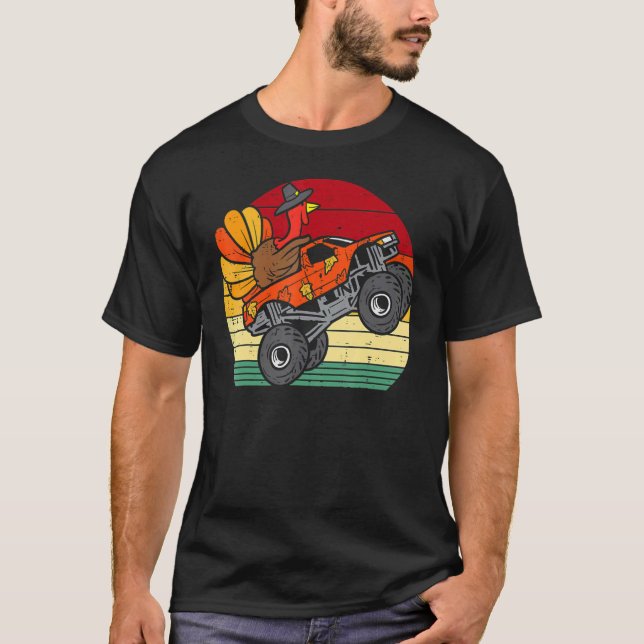 Monster Truck Turkey Sunset Retro Thanksgiving Boy T-Shirt (Front)