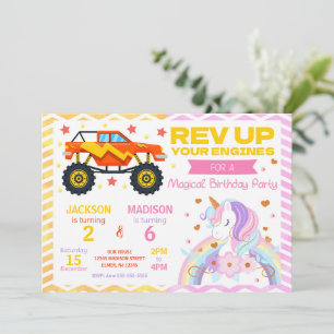 Monster Truck & Unicorn Joint Birthday Invitation