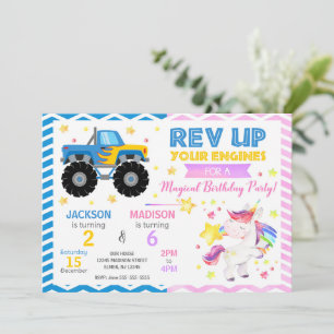 Monster Truck & Unicorn Joint Birthday Invitation